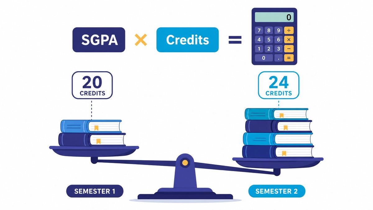 Credit-weighted CGPA calculation comparing a 20-credit semester with a 24-credit semester