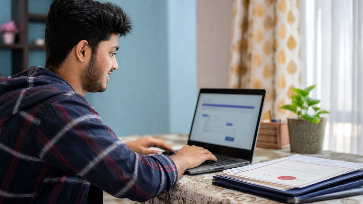 Graduate completing an online application on a laptop with academic records kept beside it