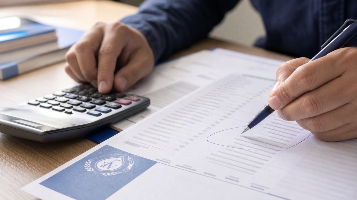 Hands using a calculator beside a grade report while applying the official CGPA to percentage conversion