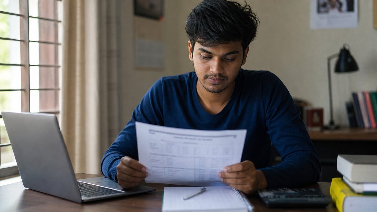 Student reading an academic transcript beside a laptop and calculator while checking the CGPA to percentage formula